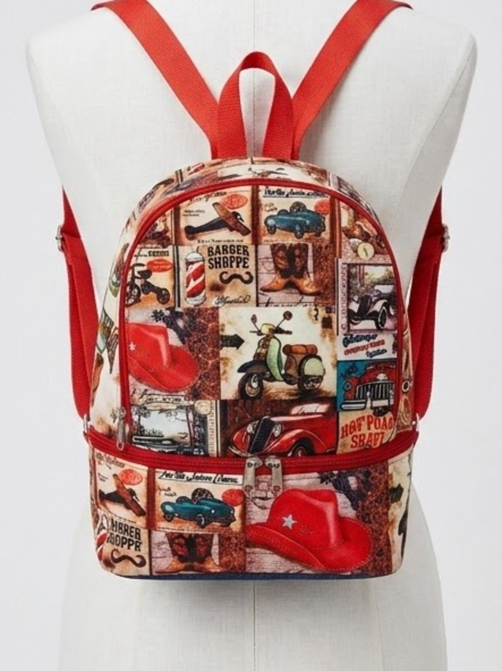 Desi Pop Retro Vintage Americana Collage Print Double Zip Canvas Denim Backpack